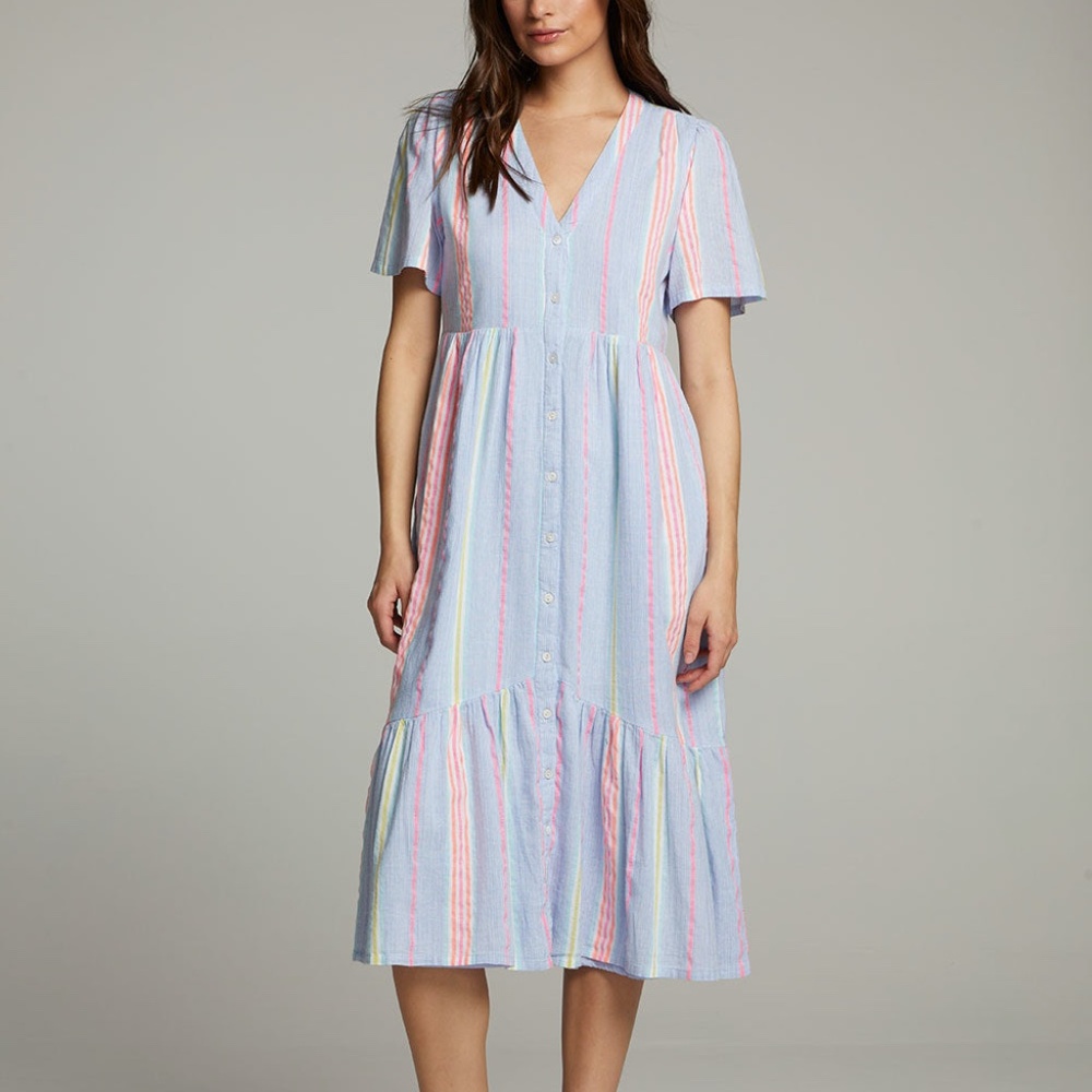 Chaser Beach Stripe Midi Dress Large V Neck Ruffle Bottom NWT - Picture 3 of 5